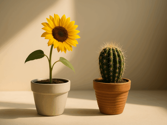 Girasol y cactus bajo la luz del amanecer, símbolo de dos tipos de amistad que siguen vivas pese a la distancia.